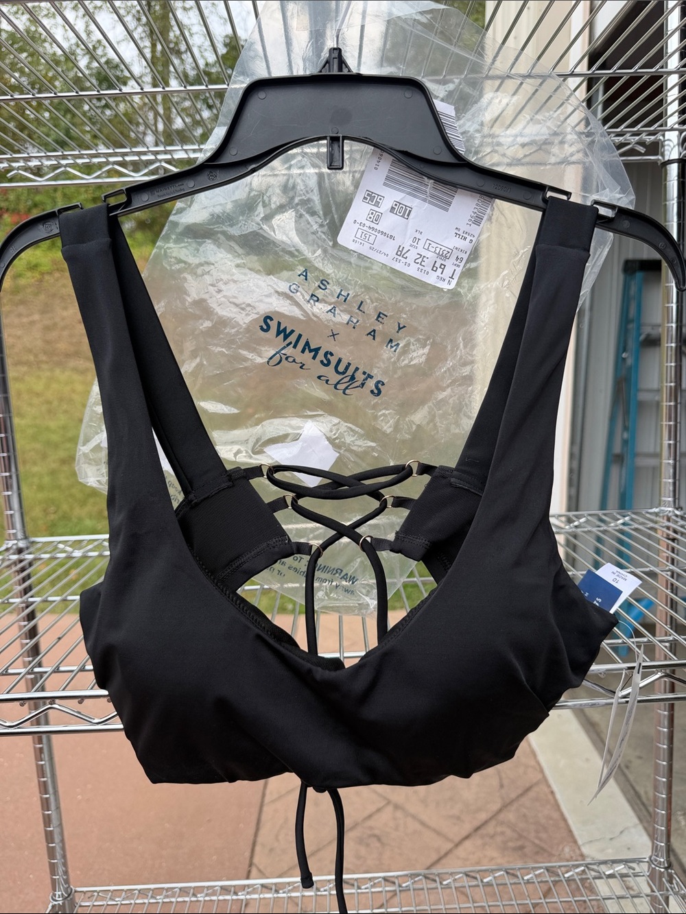 Ashley Graham Black Lace-Up V-Neck Swim Bikini Top